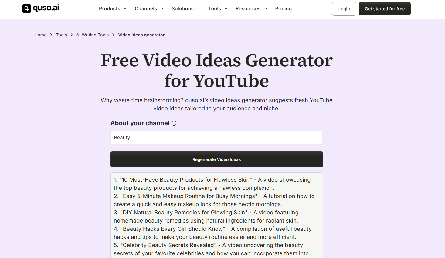 Quso.ai videoidégenerator för YouTube