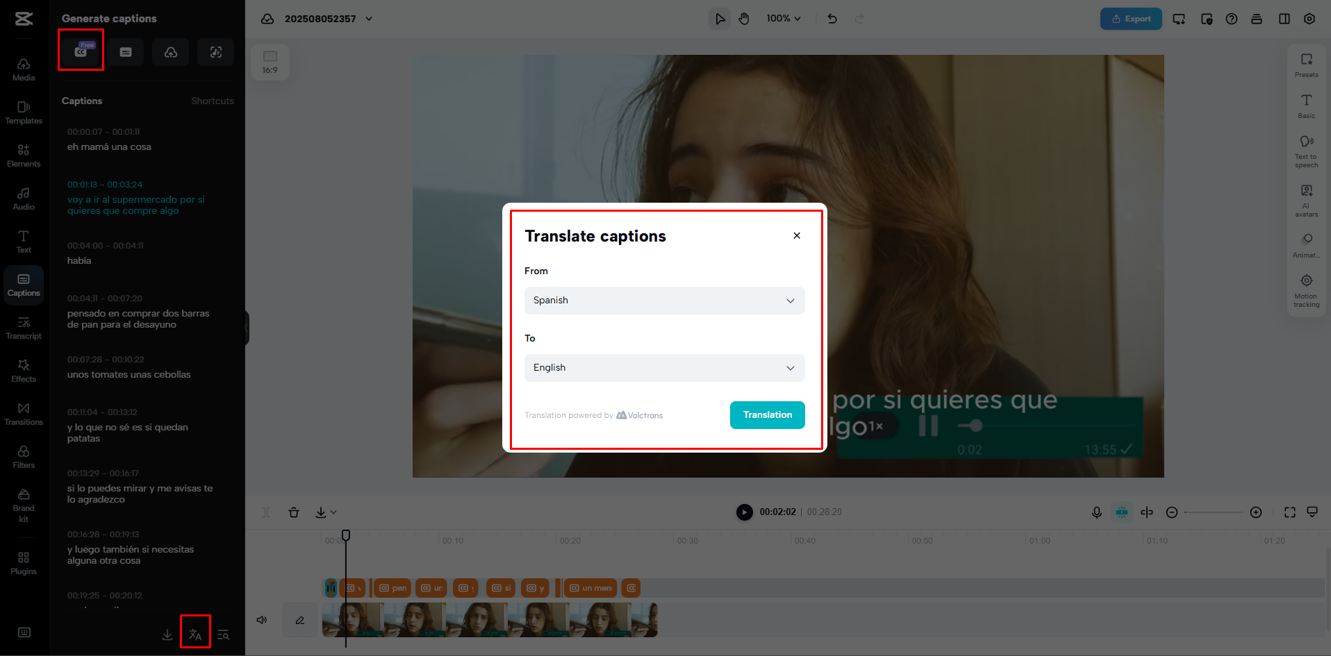 Gerando texto em inglês a partir de áudio em espanhol no CapCut Web