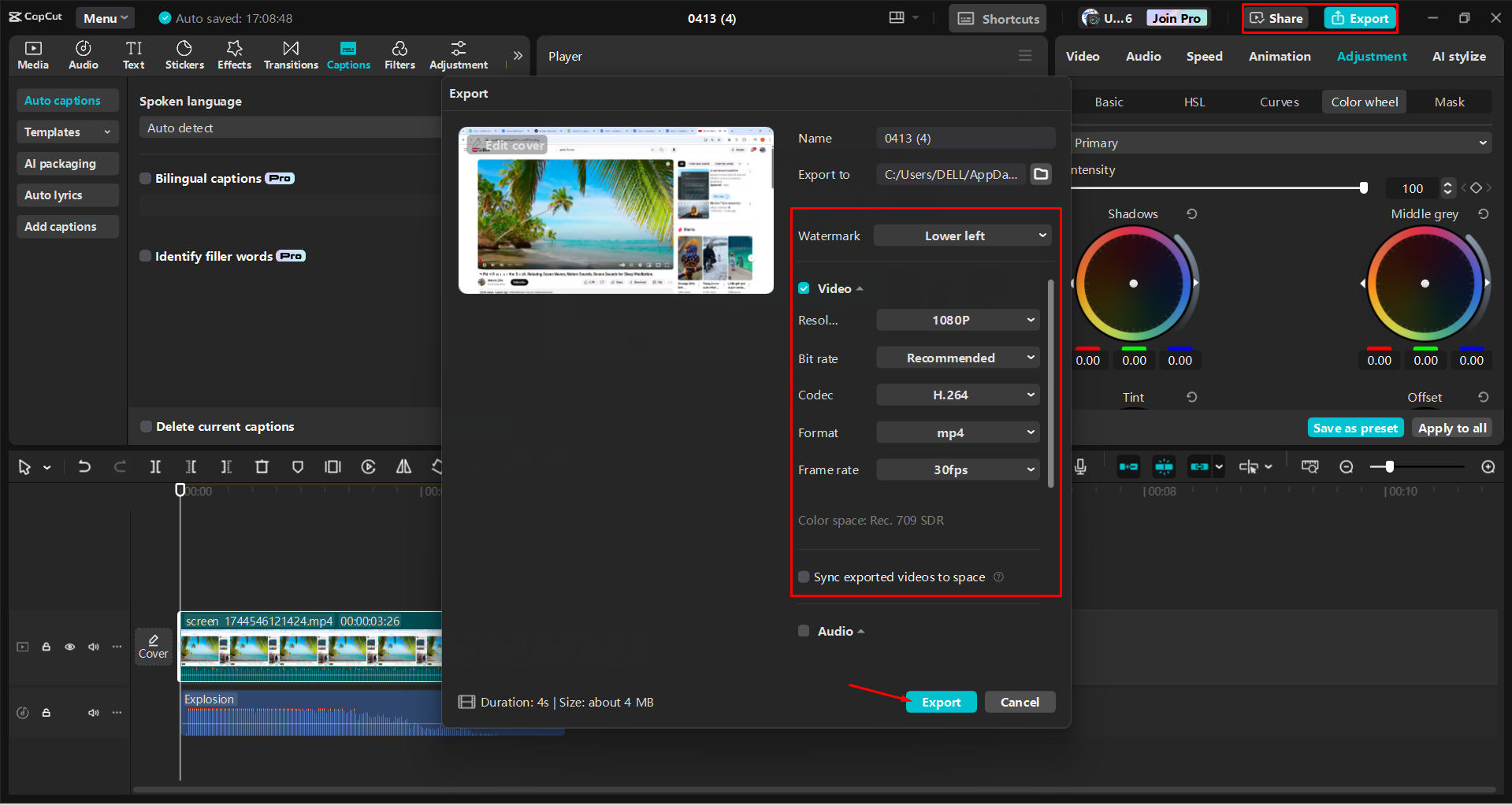 Exporting a video from the CapCut desktop video editor