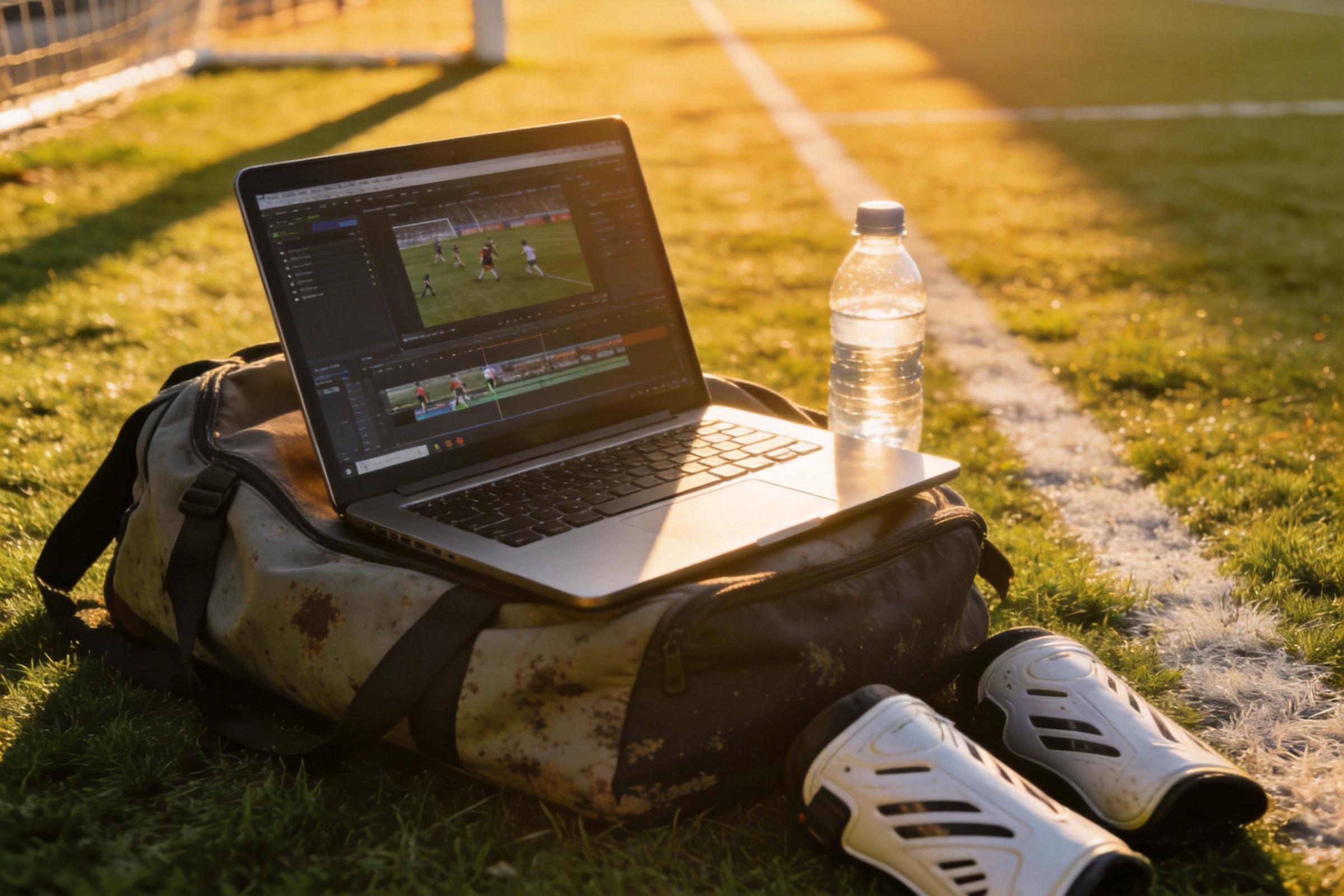 Laptop on a soccer bag beside cleats and a water bottle on the field, showing video editing