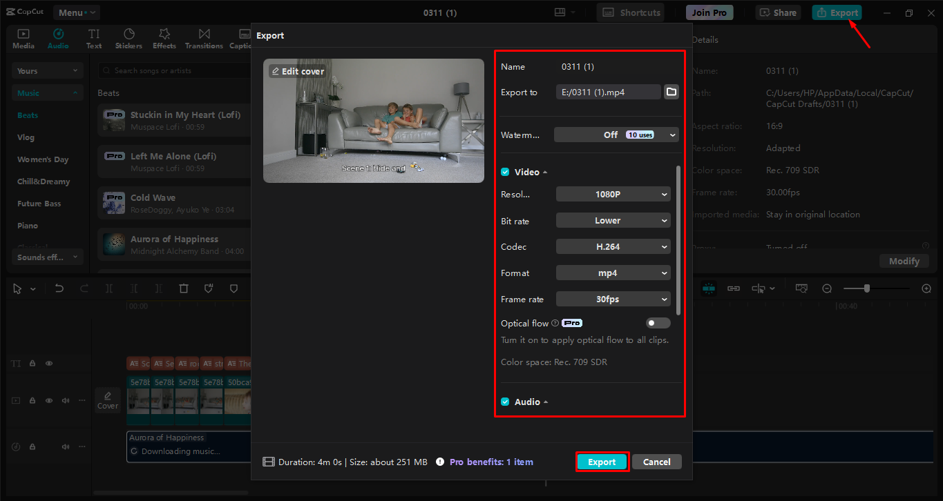 Exportando o vídeo final do editor de vídeo para desktop CapCut