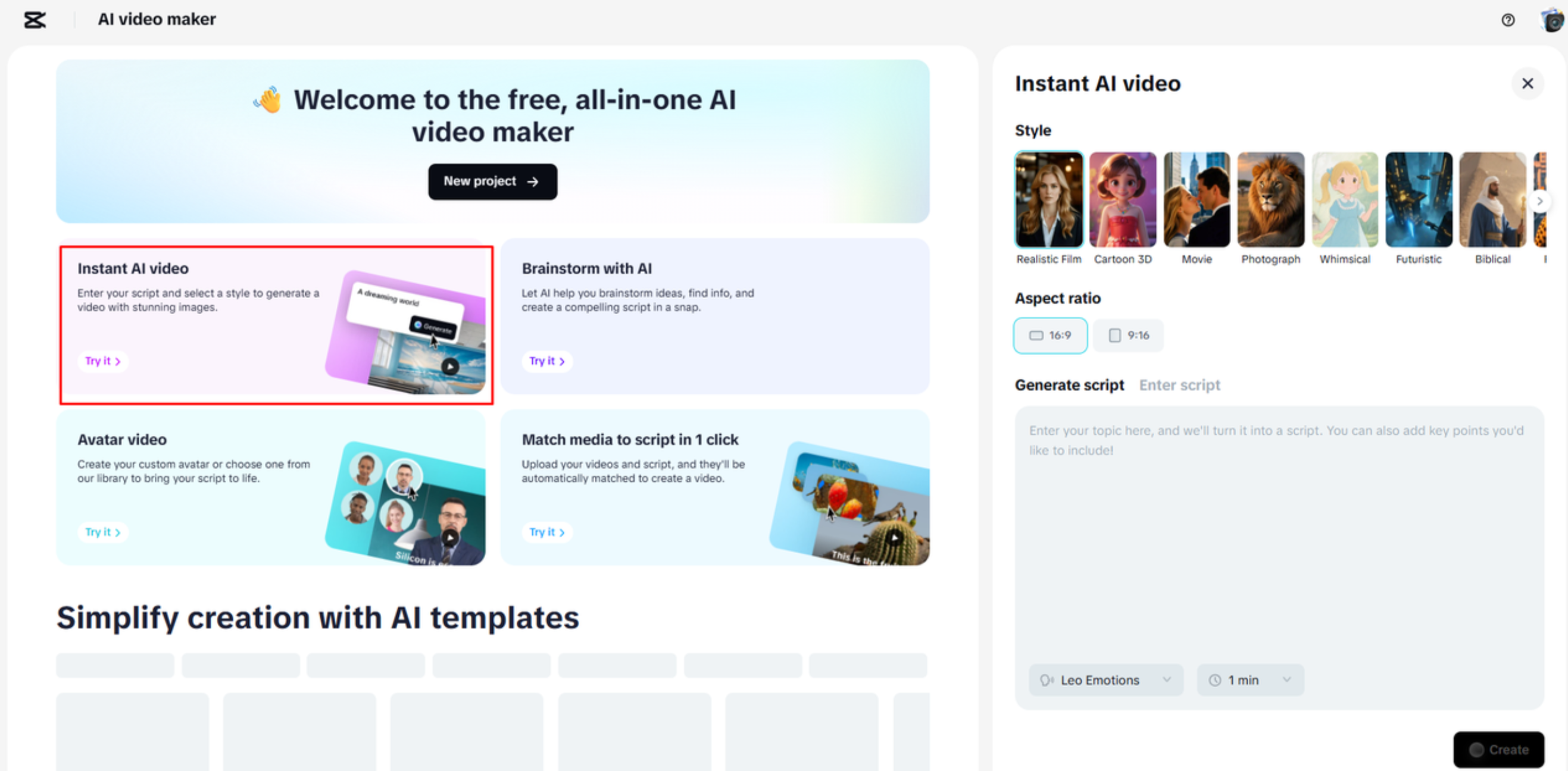 Opening CapCut Web's AI video maker