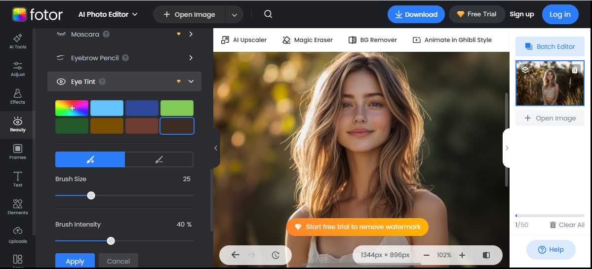 Antarmuka Fotor - salah satu editor warna mata online terbaik