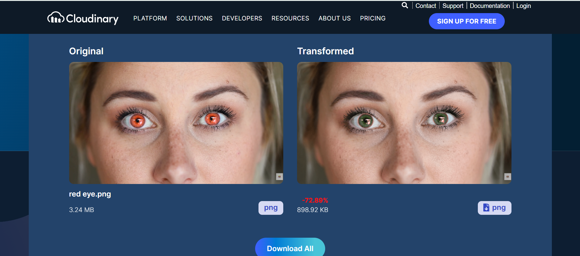 Interface do Cloudinary - um editor de fotos online para olhos vermelhos