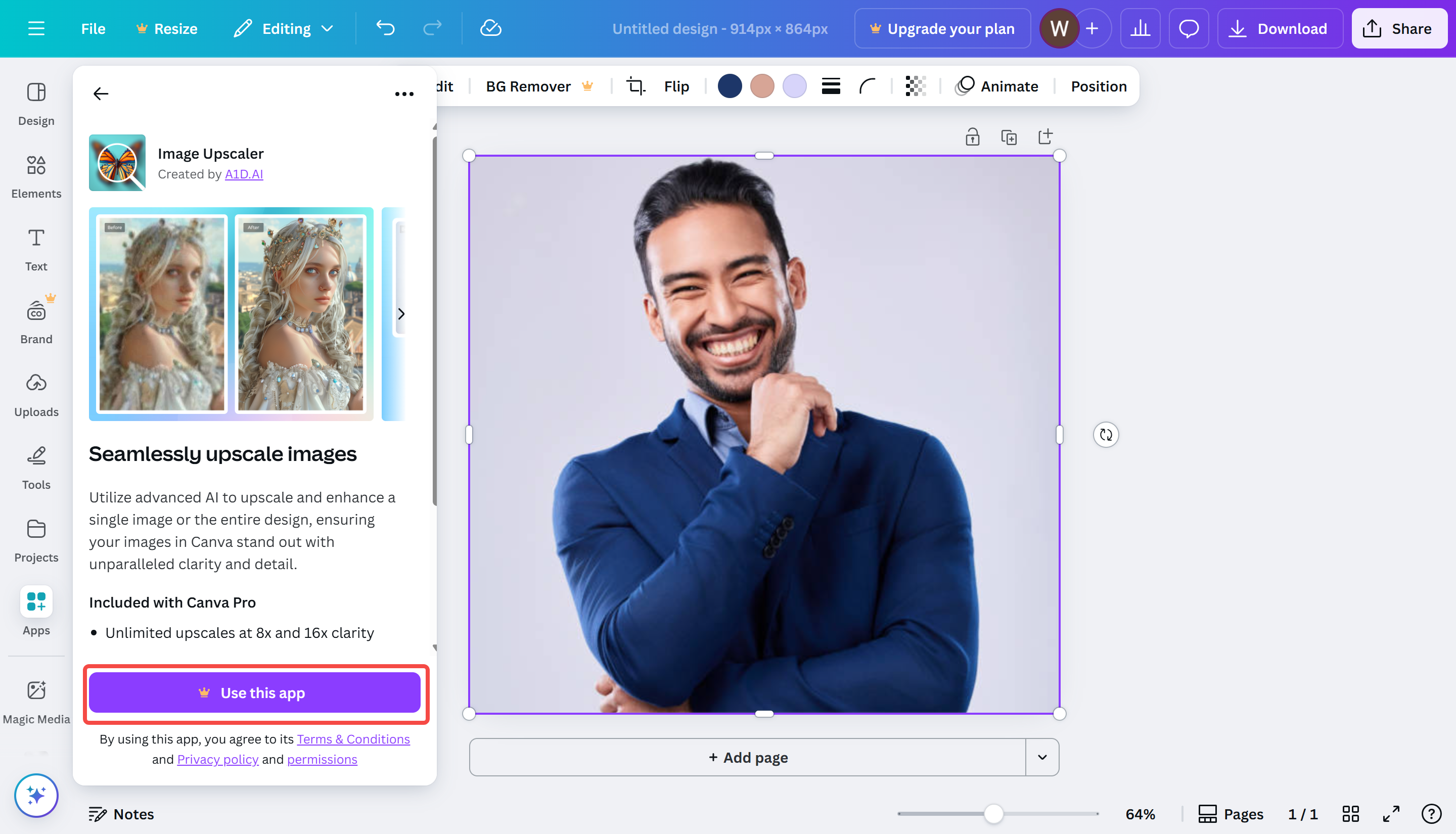 Показано, як використовувати додаток для покращення зображень Canva.