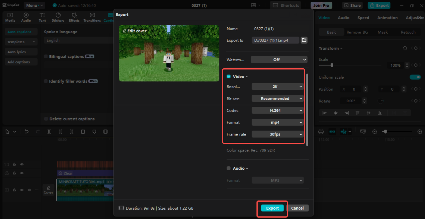 Exporter l'enregistrement de jeu Minecraft dans CapCut