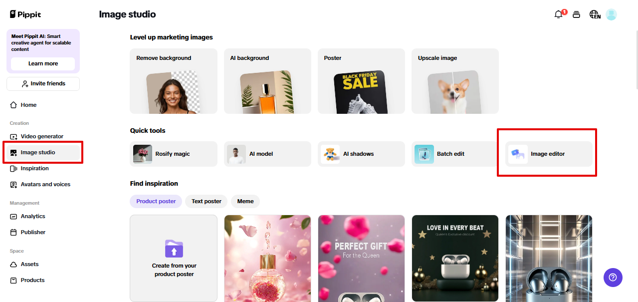 Opening image editor in Pippit