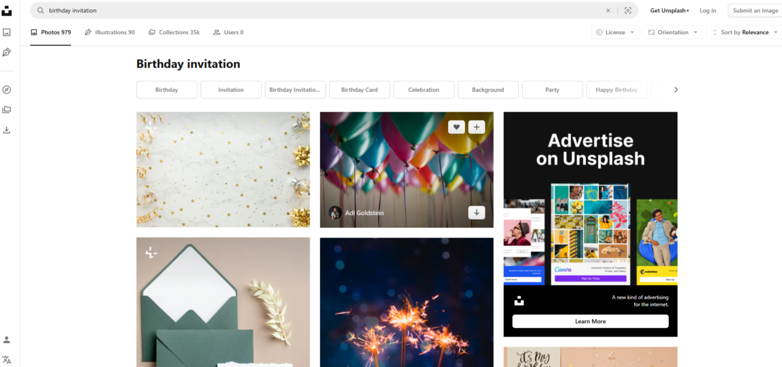 Interfaz de Unsplash: un sitio con fondos gratuitos para invitaciones de cumpleaños.