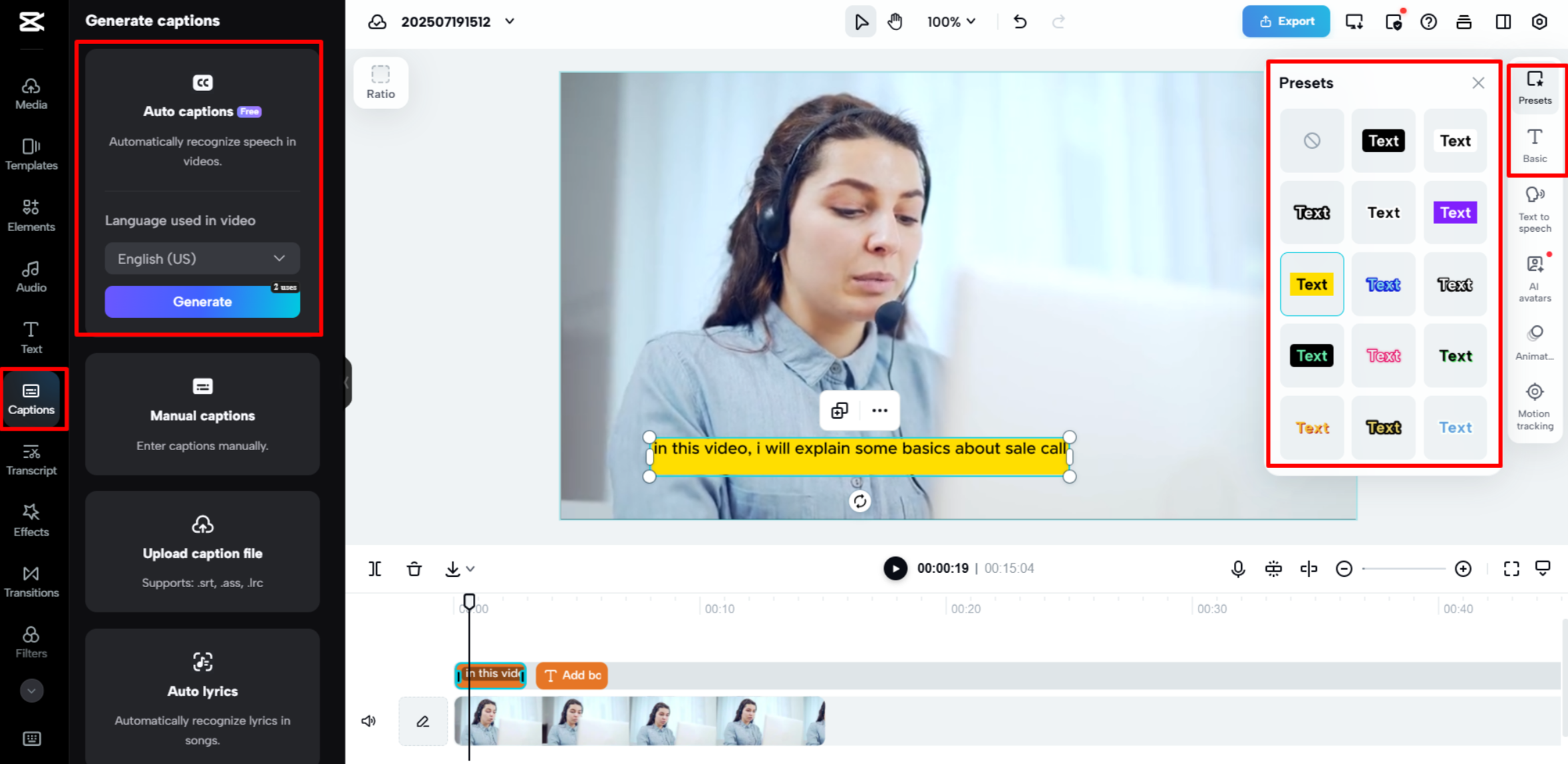 Converting speech to text on the CapCut Web