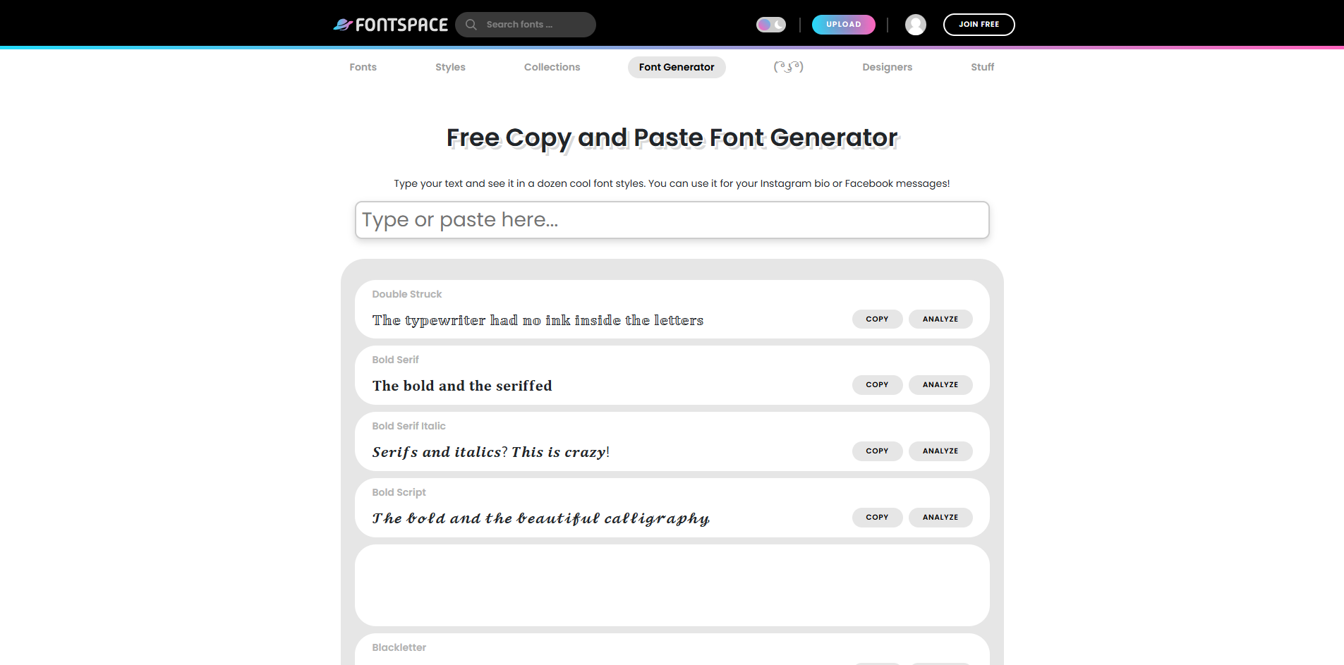 Interfaz de Fontspace: otro generador de texto de IA gratuito