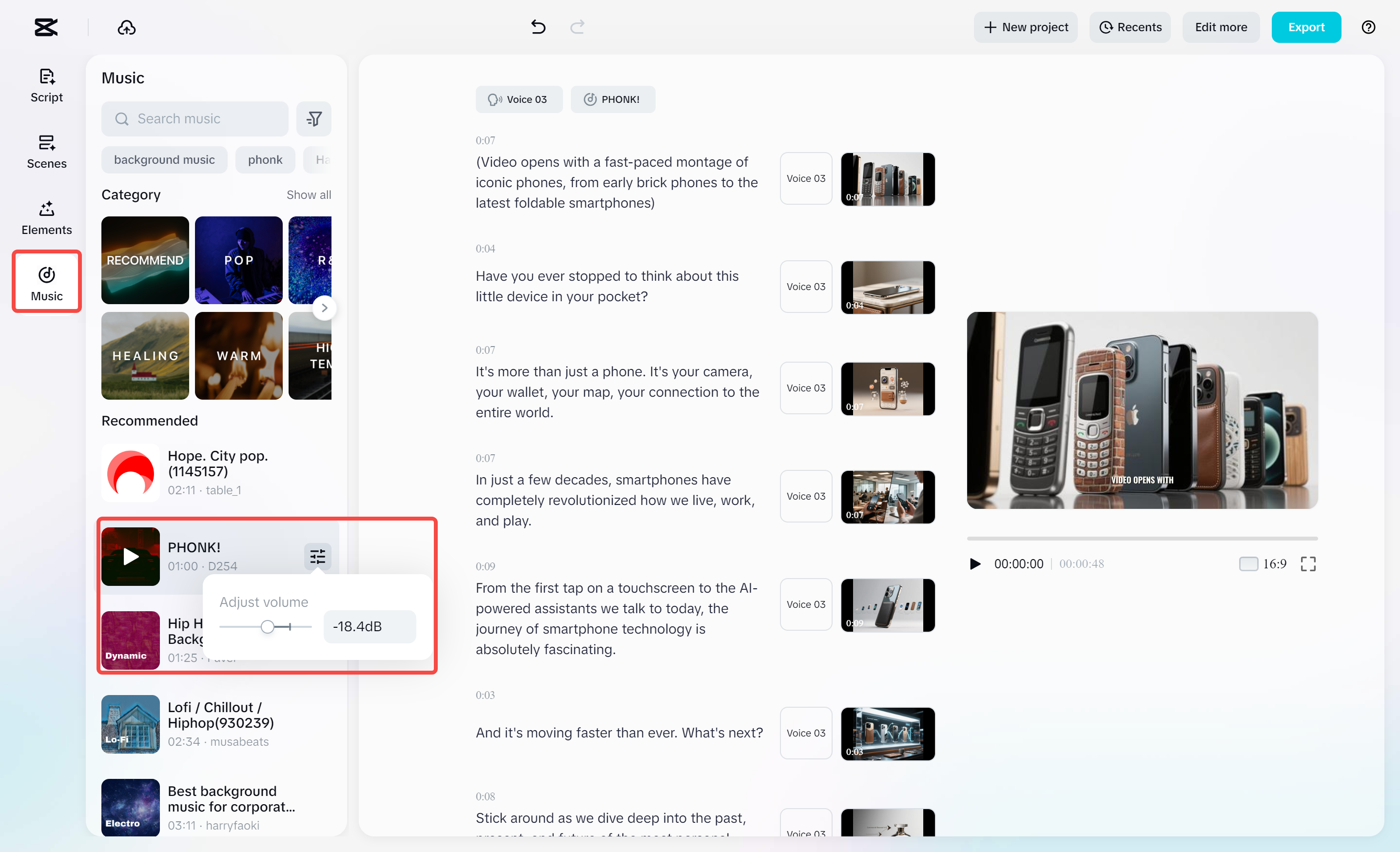 Adding background music to the video using CapCut's AI video maker