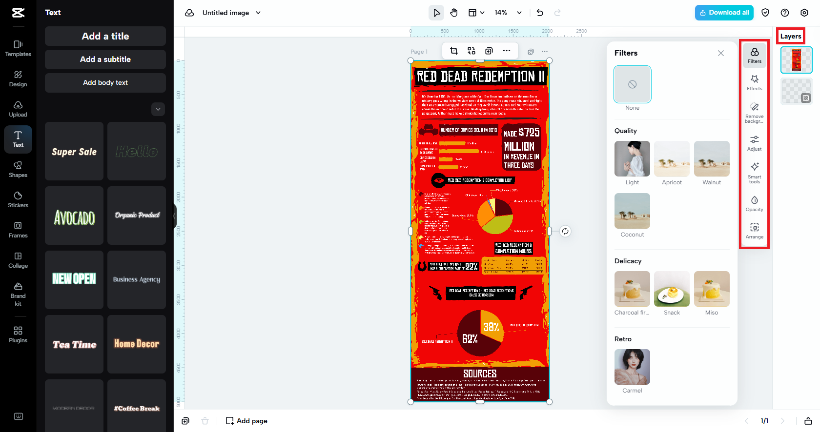 Edita tu imagen infográfica con herramientas inteligentes, capas, etc.