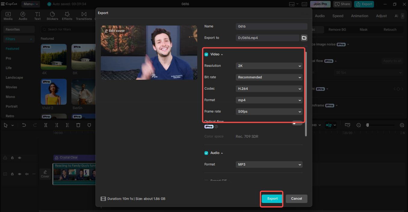 Exporting the video in CapCut