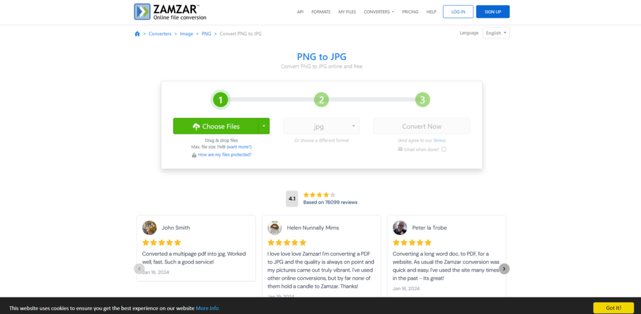 Інтерфейс Zamzar - зручний конвертер PNG в JPG
