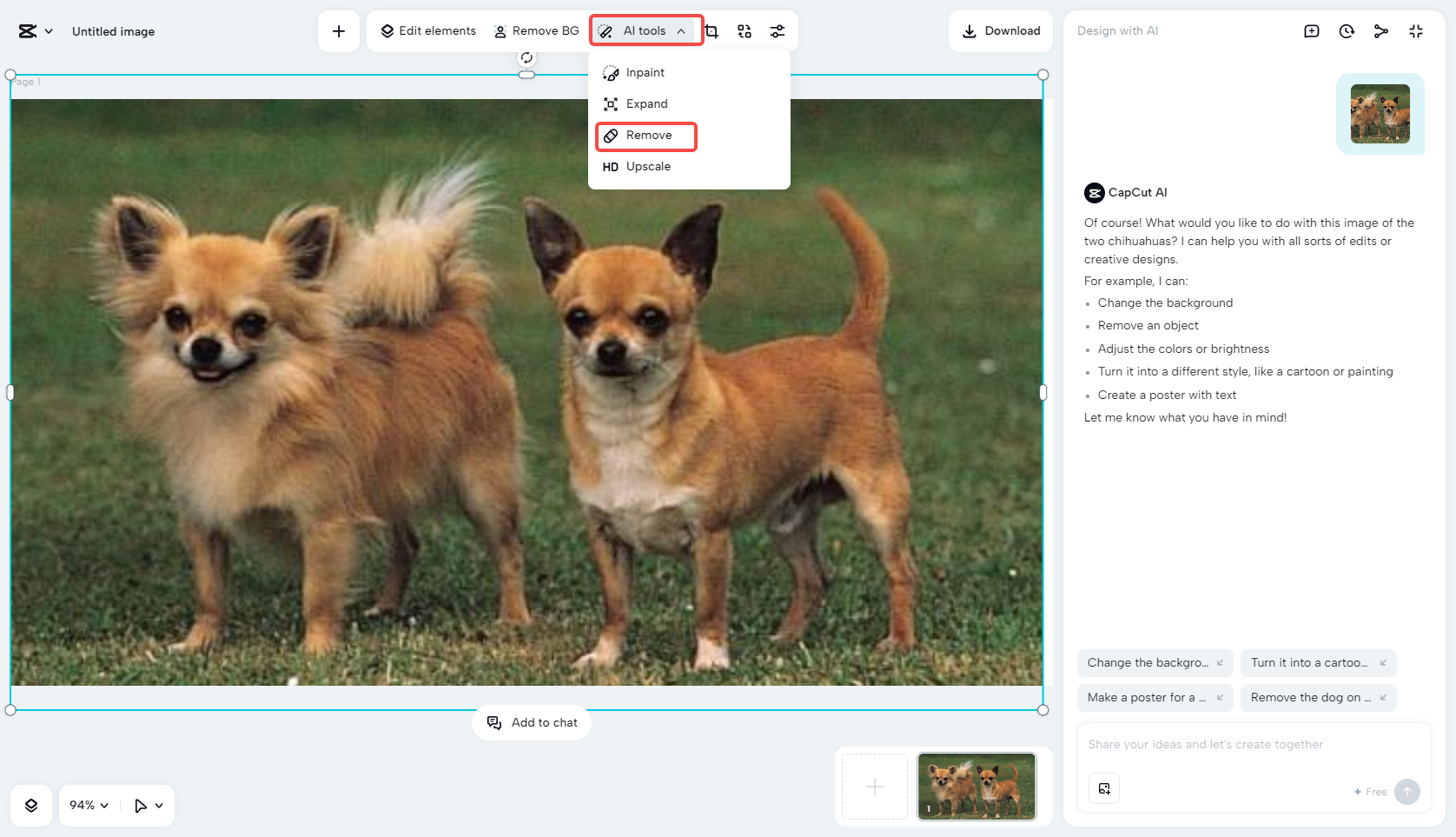 Pick the remove feature in AI tools