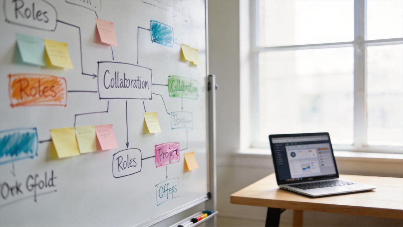Whiteboard diagram of collaboration with sticky notes beside a laptop on a table