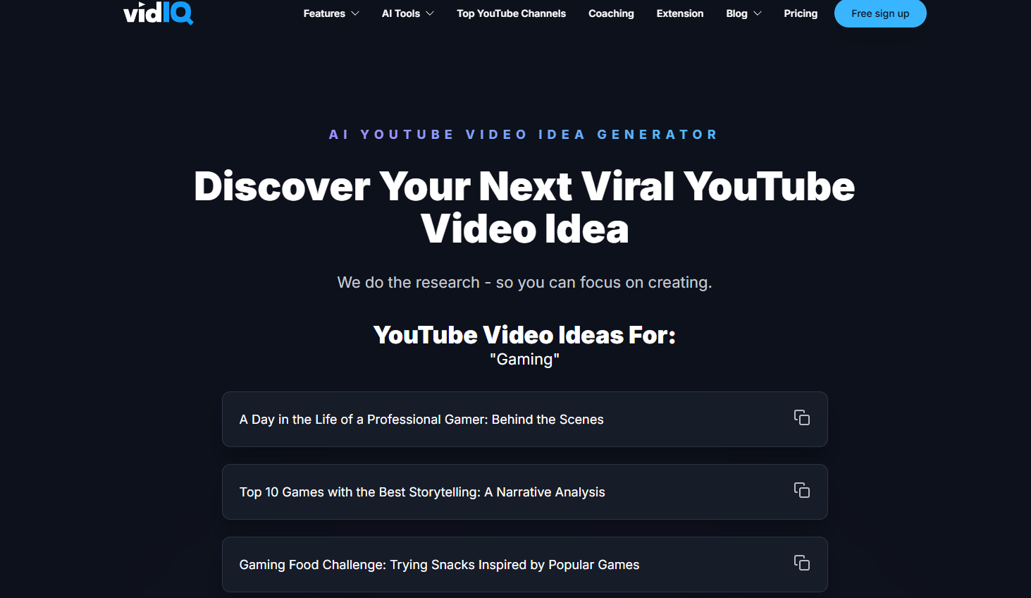 VidIQ AI YouTube videoidéer generator