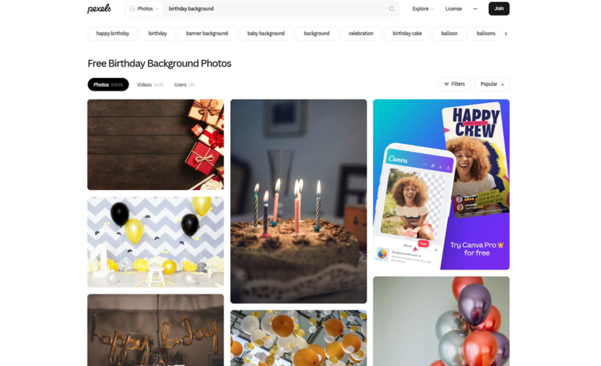 Interfaccia di Pexels - un altro sito per scaricare sfondi di banner di compleanno