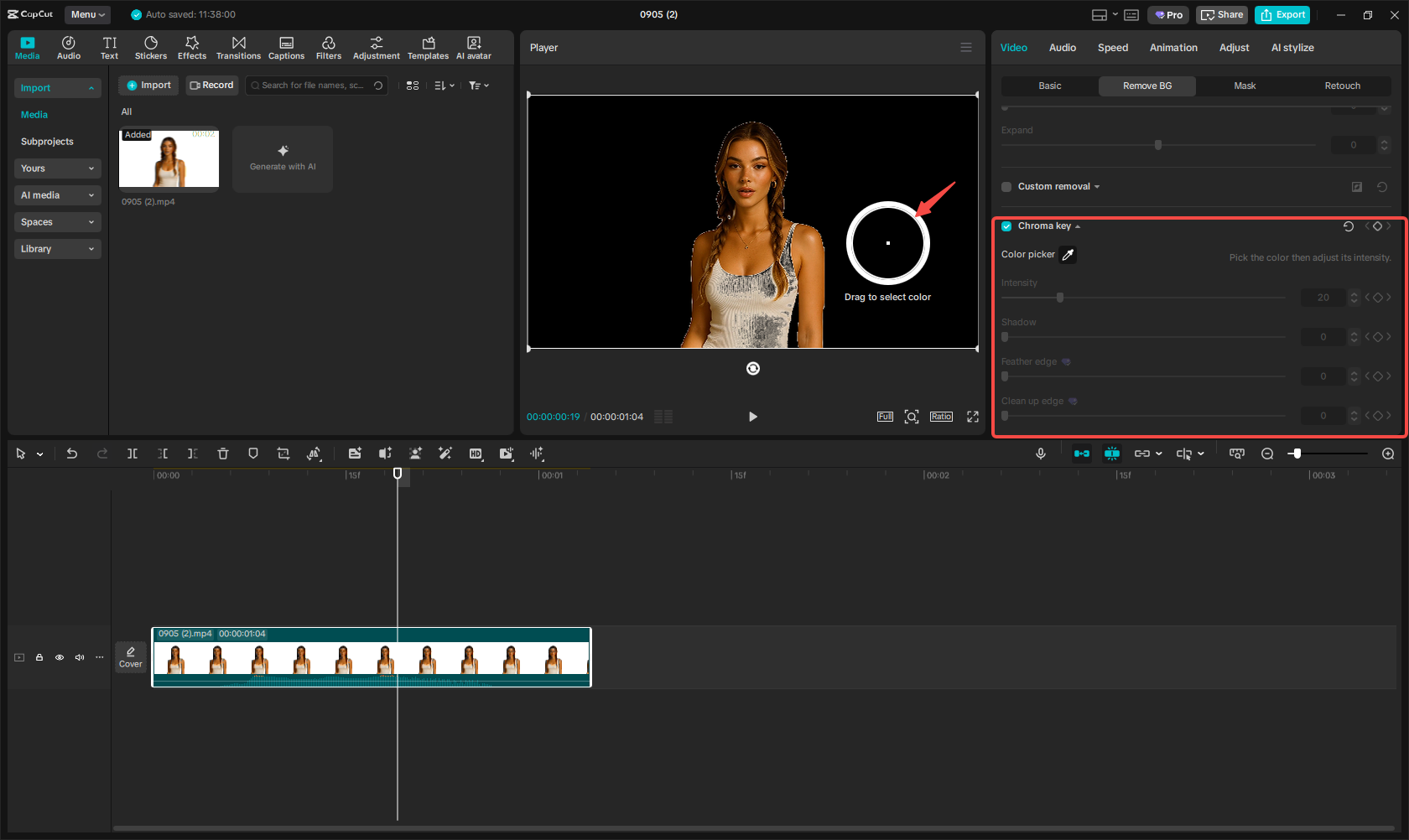 Using chroma key to remove a white background in CapCut