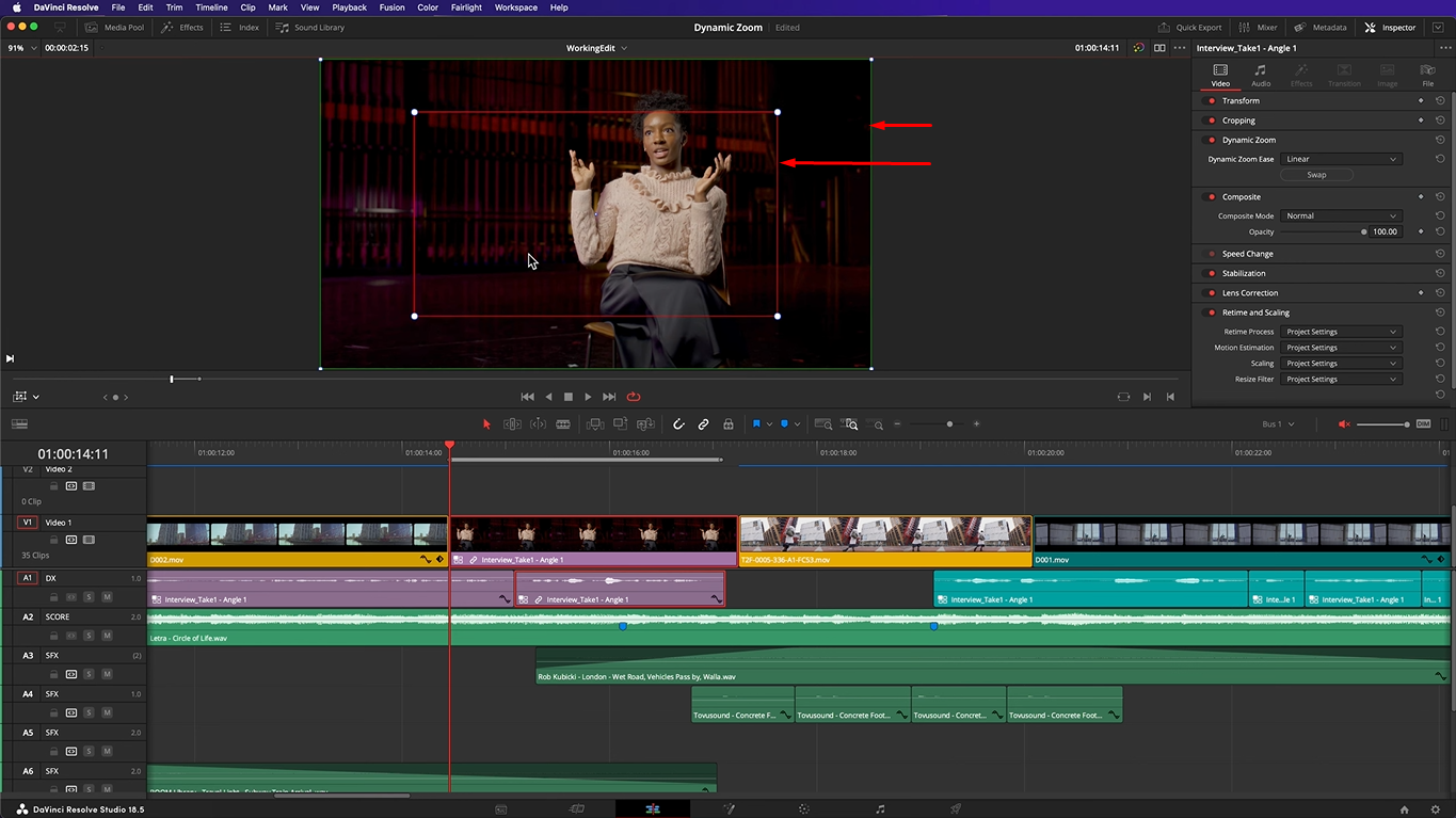 Anpassen des Zooms in DaVinci Resolve
