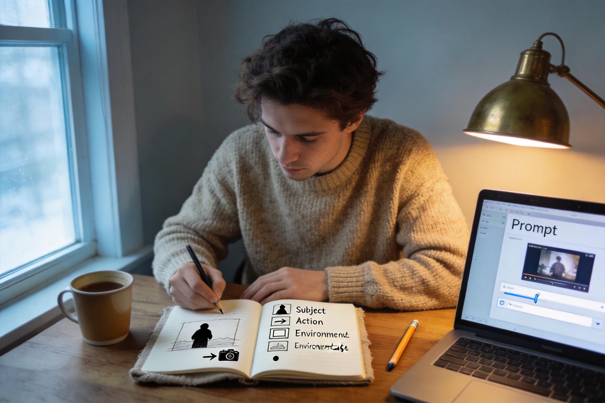 Man writing in notebook beside laptop showing a prompt, with coffee and desk lamp