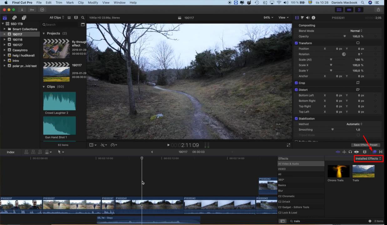 Opening the effects browser in Final Cut Pro