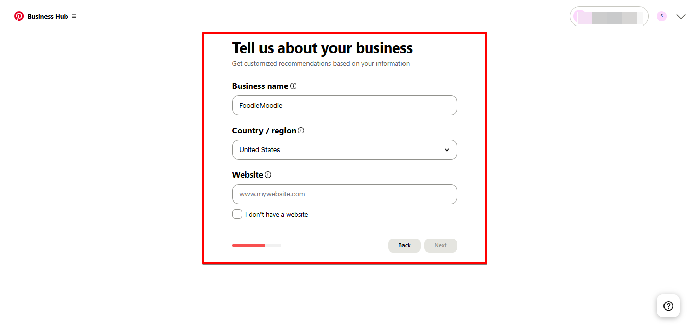 Adding business details in Pinterest Business account