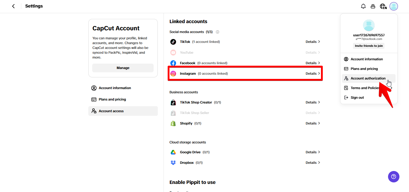 Connecting Instagram account to Pippit