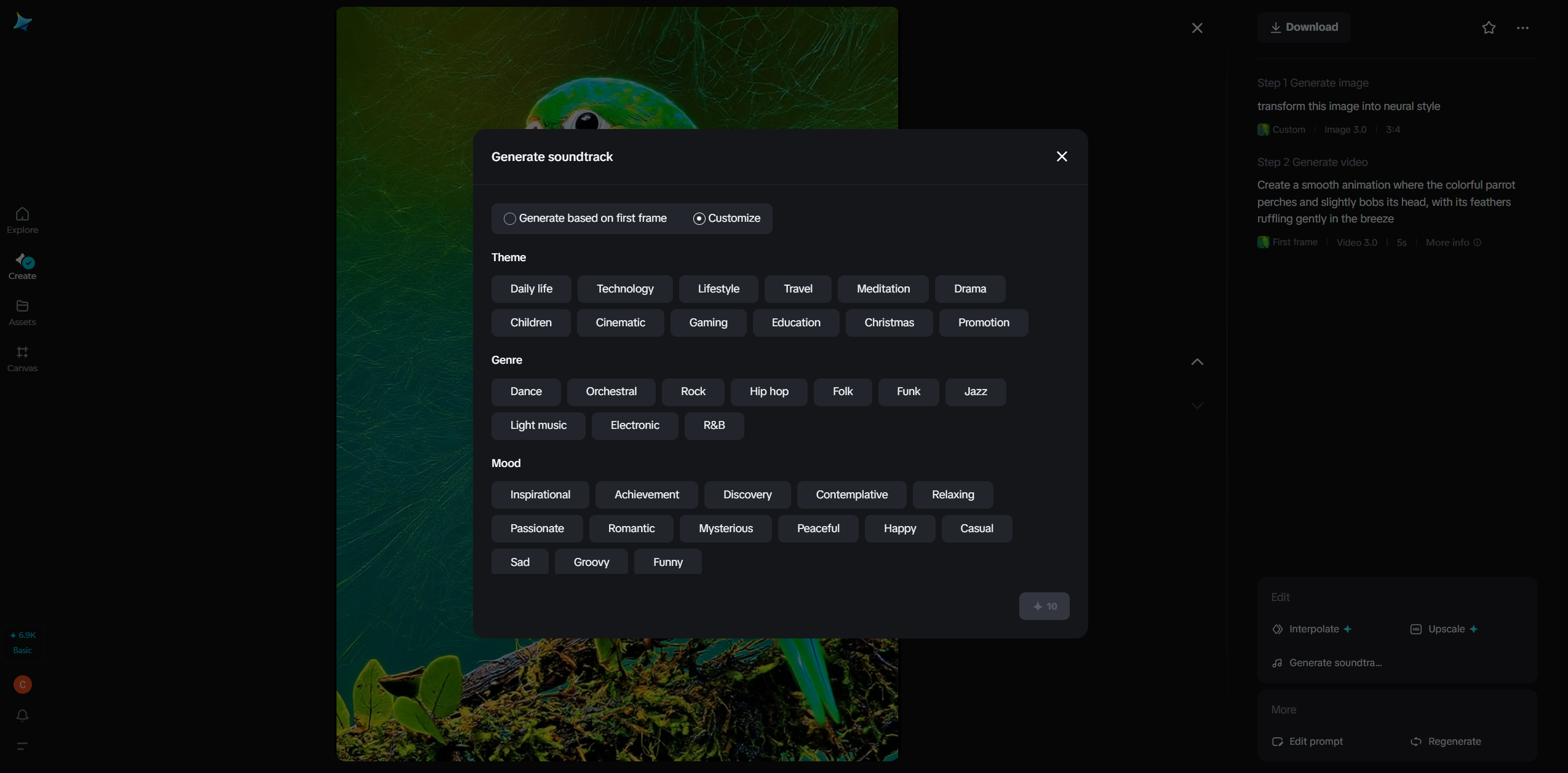 Generate soundtrack feature in Dreamina