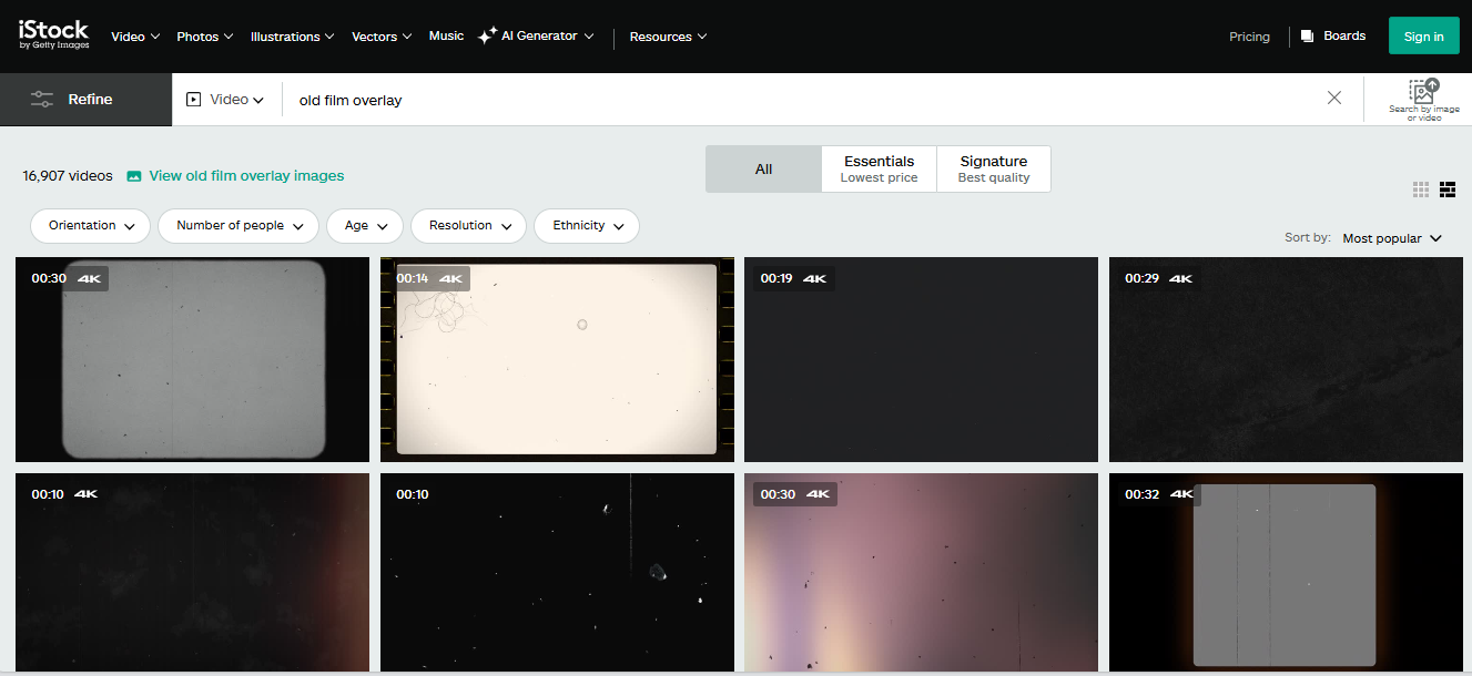 Interface d'iStock - la plate-forme idéale pour obtenir de vieilles superpositions de caméras argentiques
