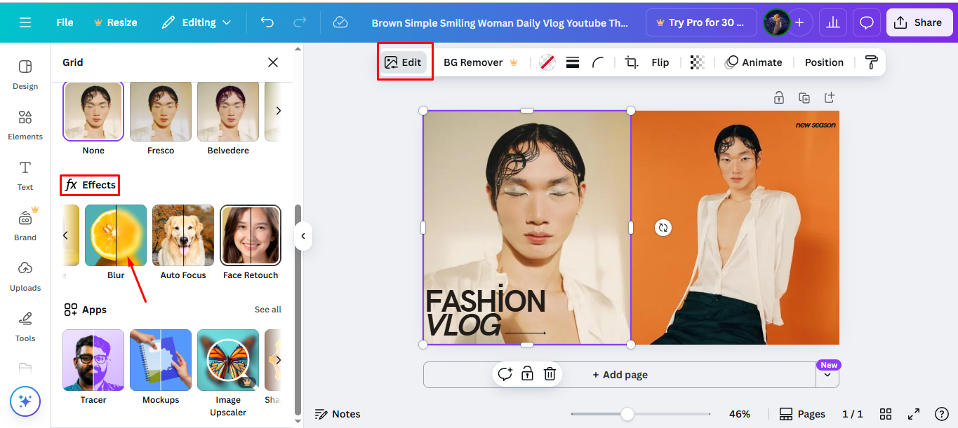 Utiliser un effet pour flouter la photo dans Canva