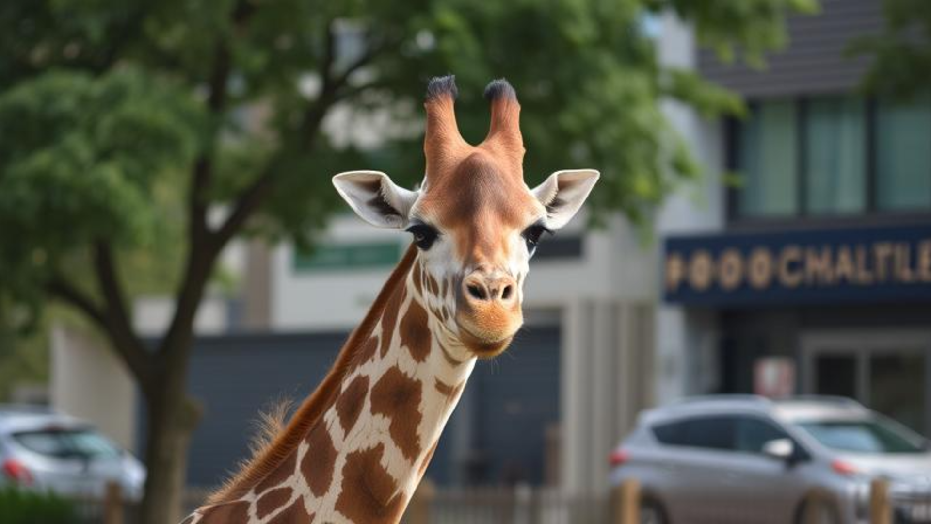 Giraffe photo-bombing urban dwellers