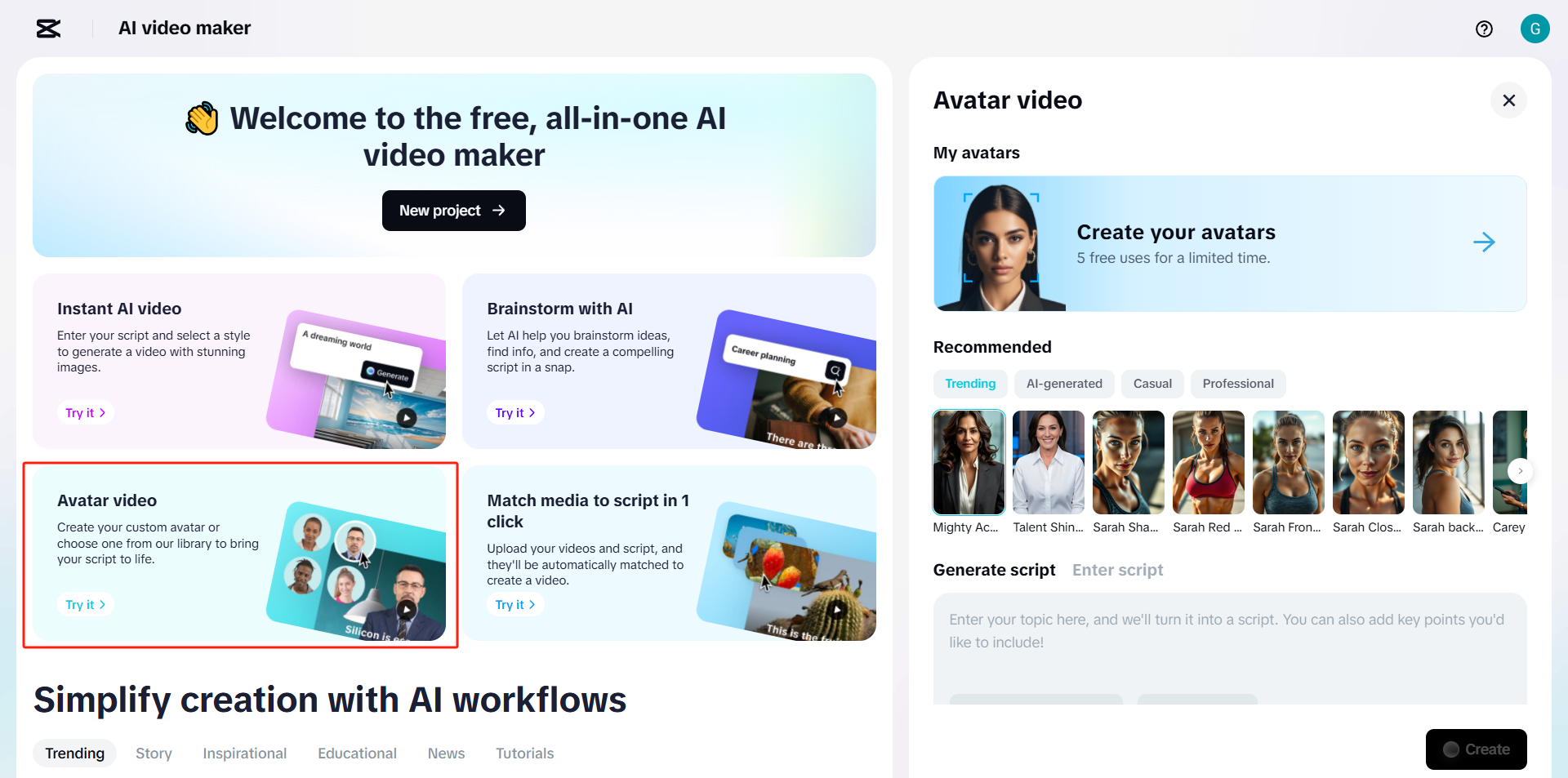CapCut Web: create a free AI talking avatar