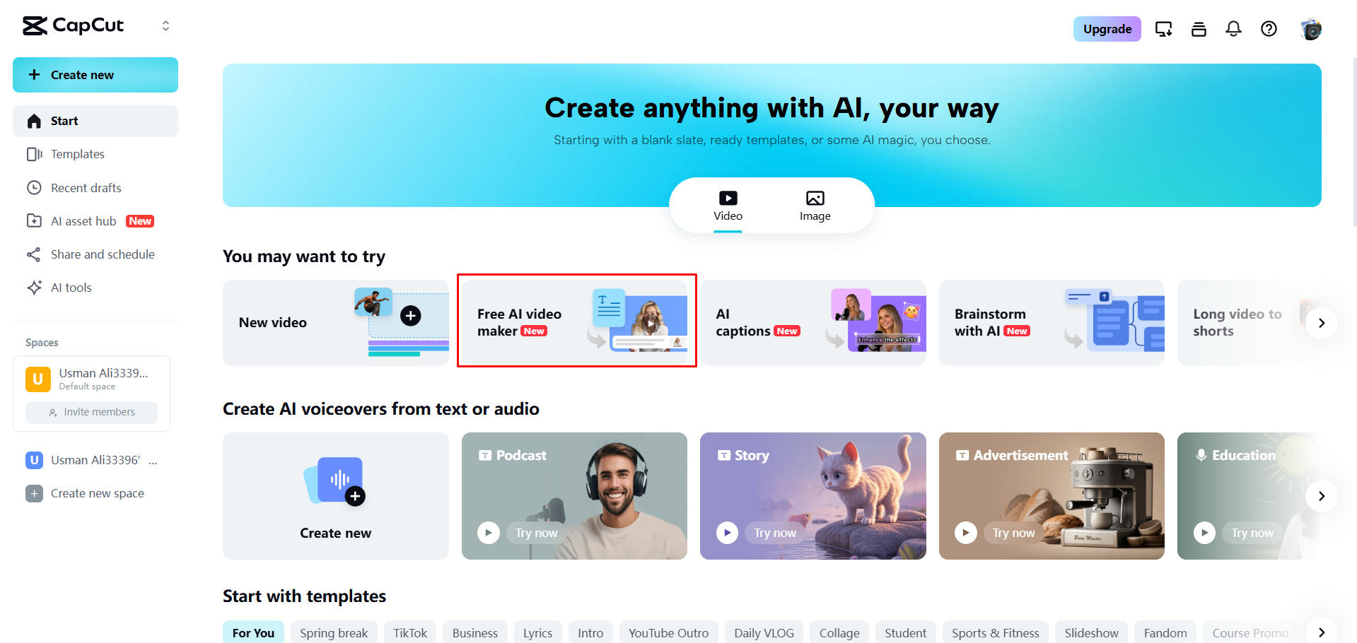 Opening an AI video maker in CapCut Web