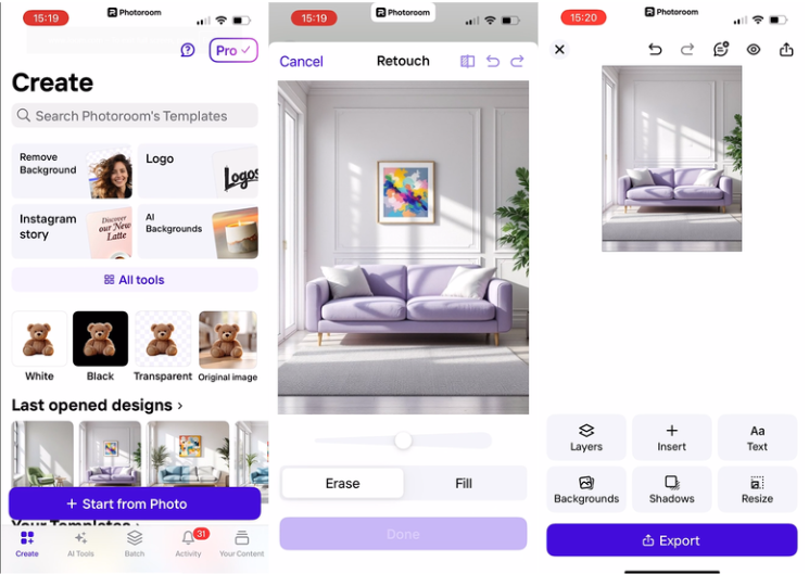Menunjukkan cara menghapus latar belakang di Photoroom pada iPhone