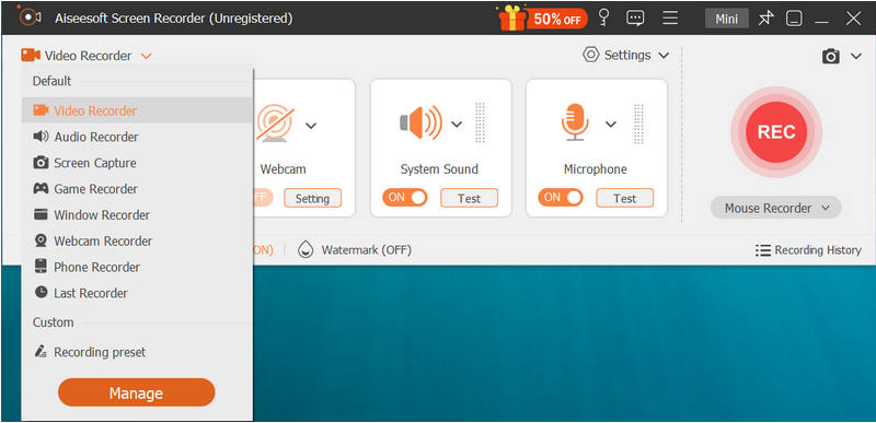 Selecting the audio and screen area in Aiseesoft Screen Recorder