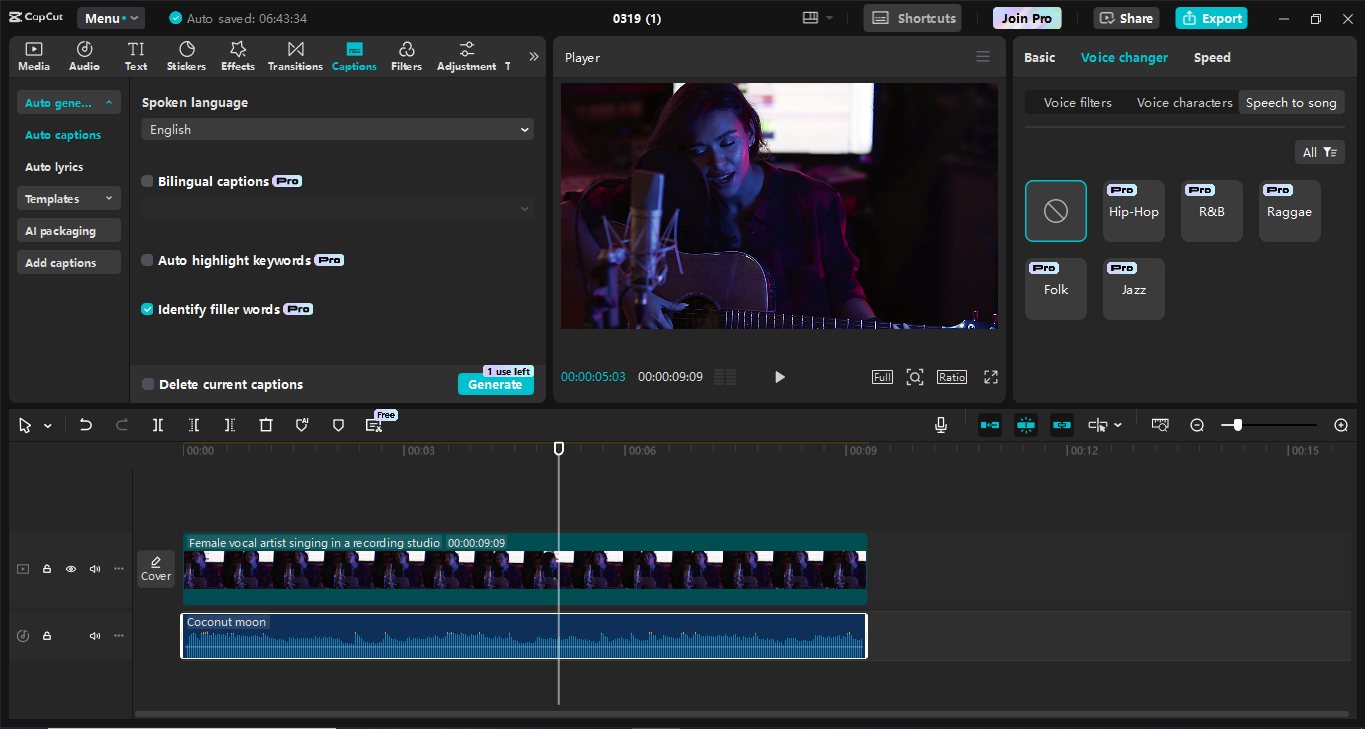 Interface do editor de vídeo para desktop CapCut