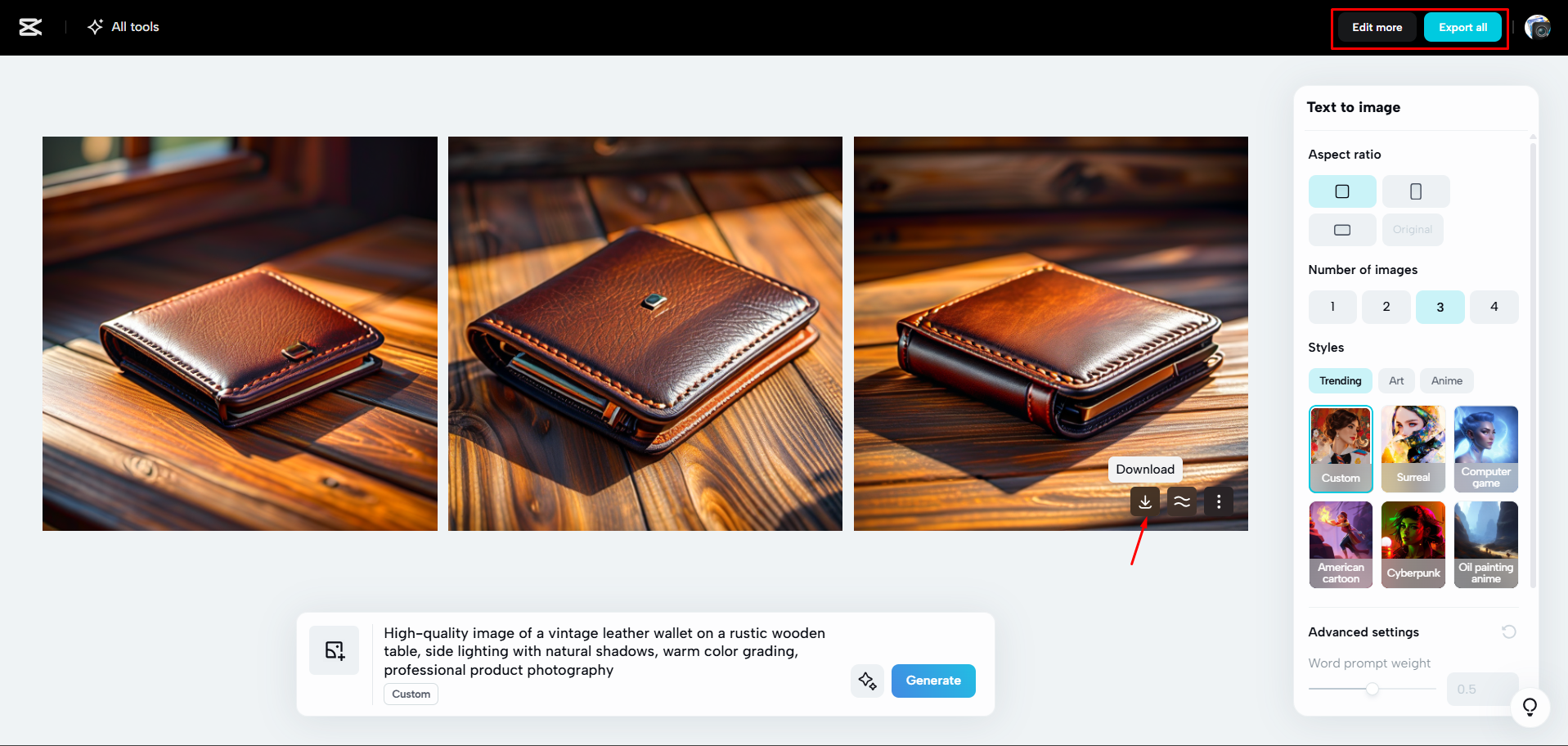 Mengunduh gambar yang dihasilkan AI dari CapCut Web