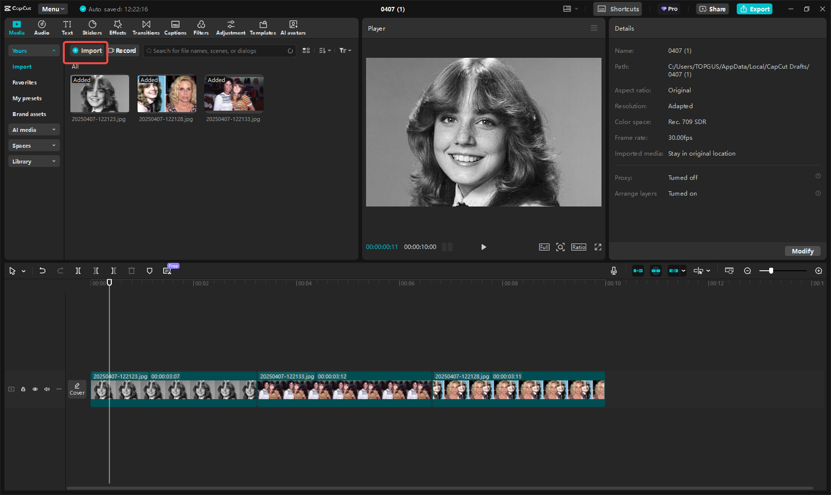 Importing the image/video to CapCut