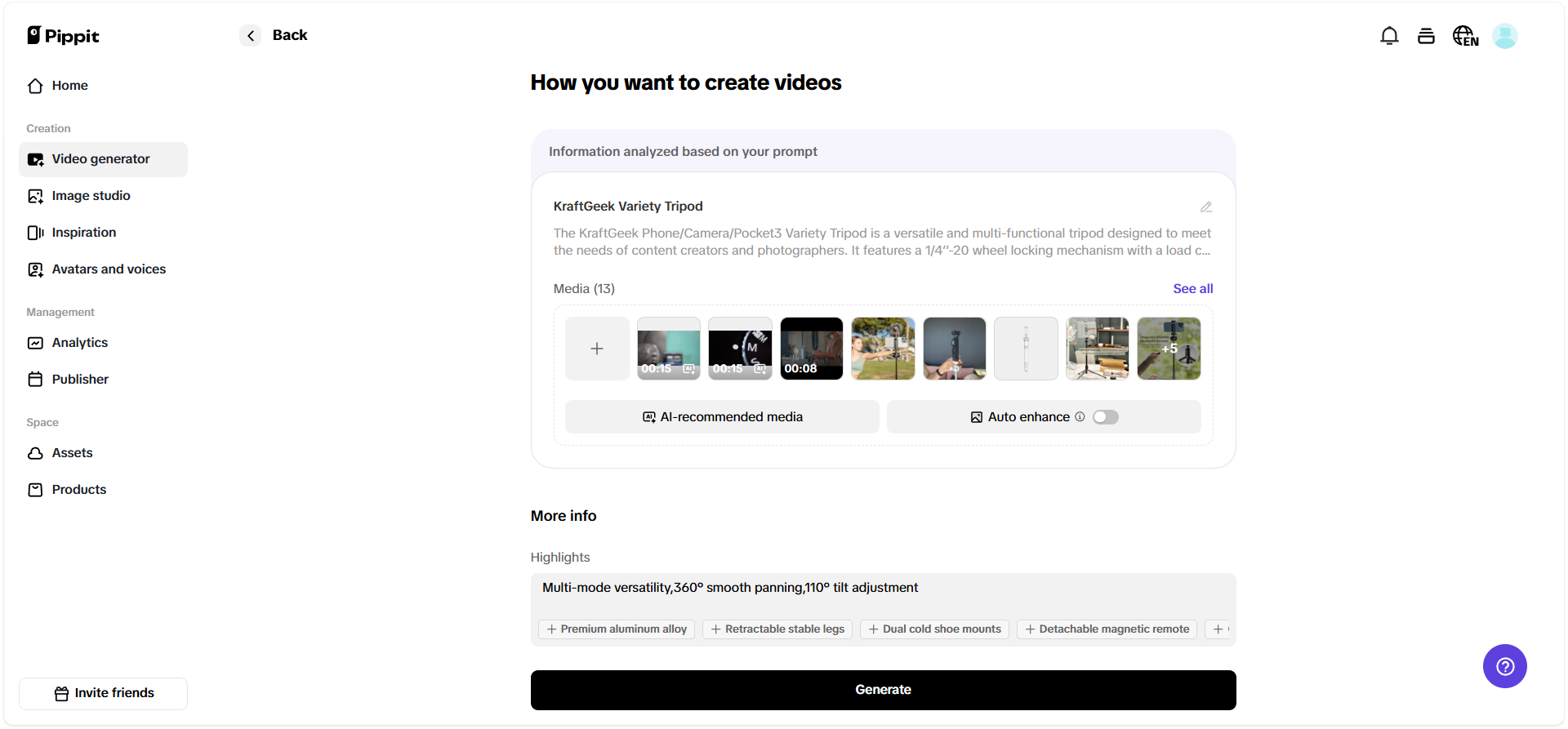 generating video content in Pippit