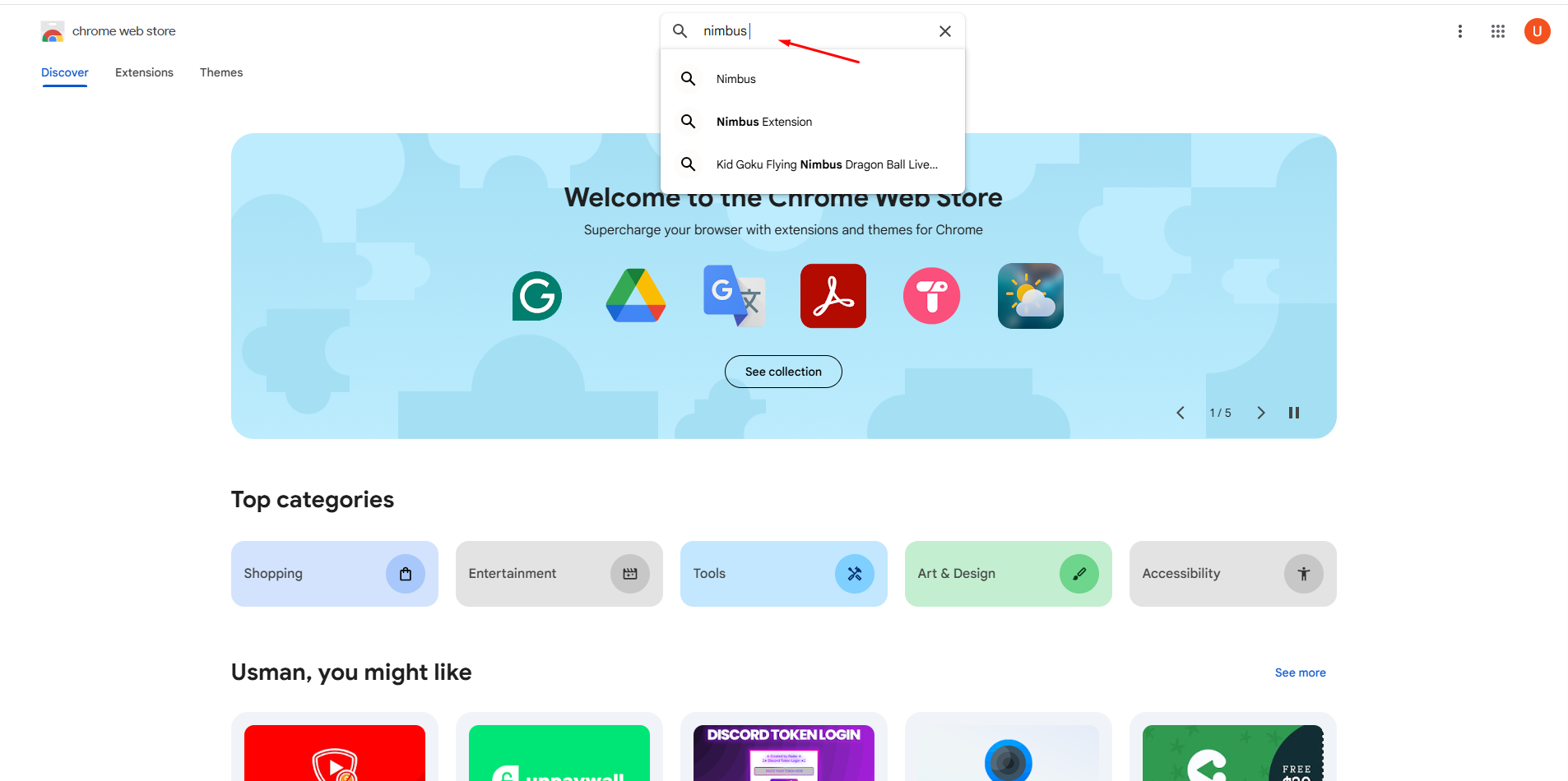 Opening the Chrome web store for Nimbus Screen Capture