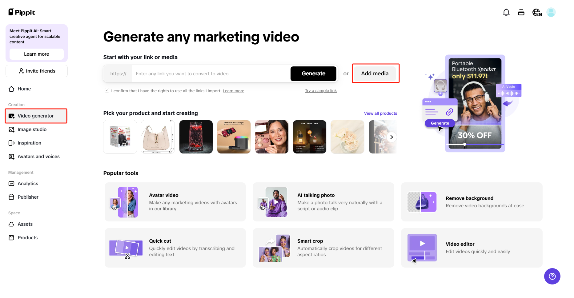 Add media on Pippit