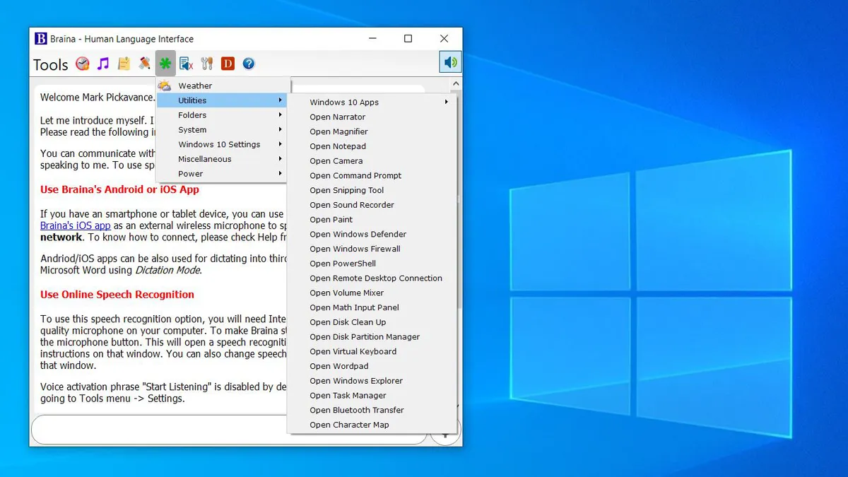 Interface of Braina Pro - a powerful tool to convert speech to text on Windows 10
