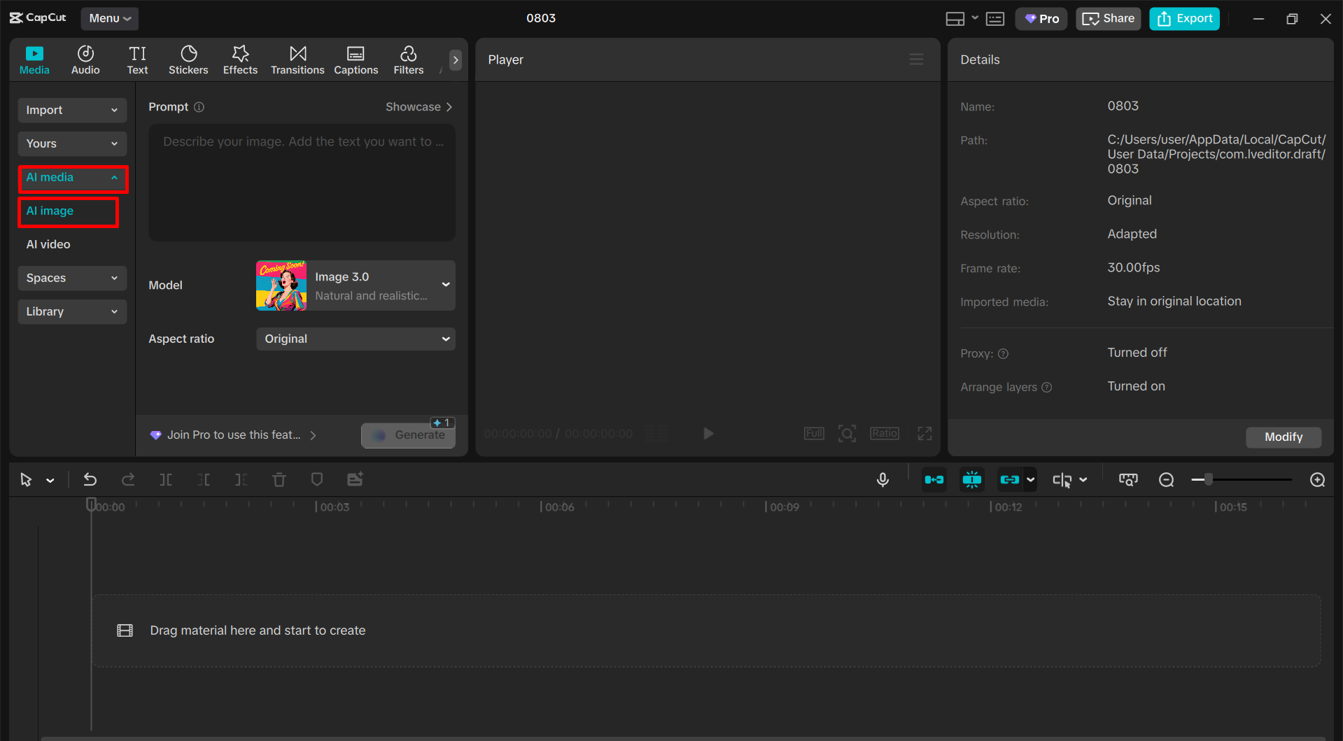 Accesarea instrumentului de conversie text-în-imagine în editorul video desktop CapCut