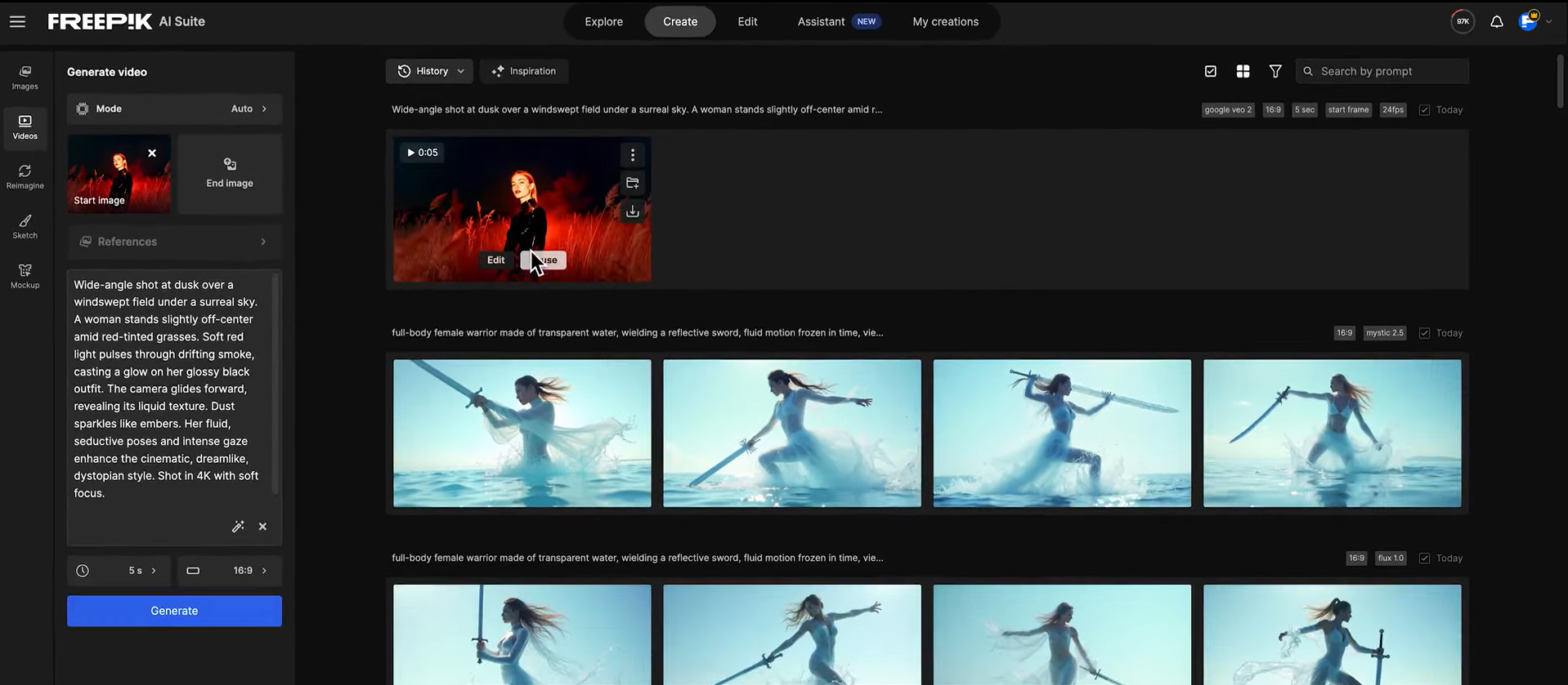 Generando un video con el generador de videos Freepik AI