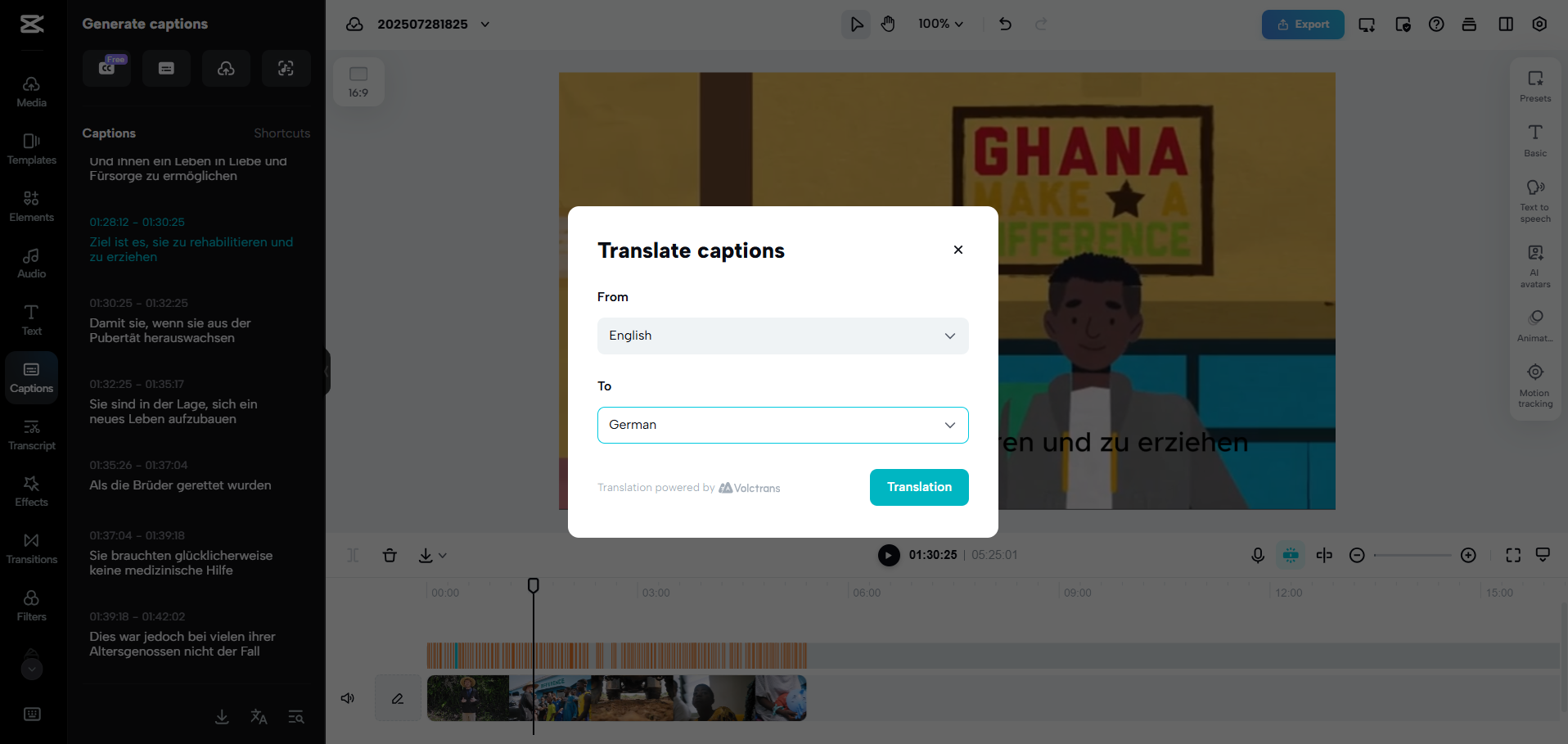 Gränssnittet för CapCut Web - ett enkelt sätt att översätta engelska till tyska med Google Translate