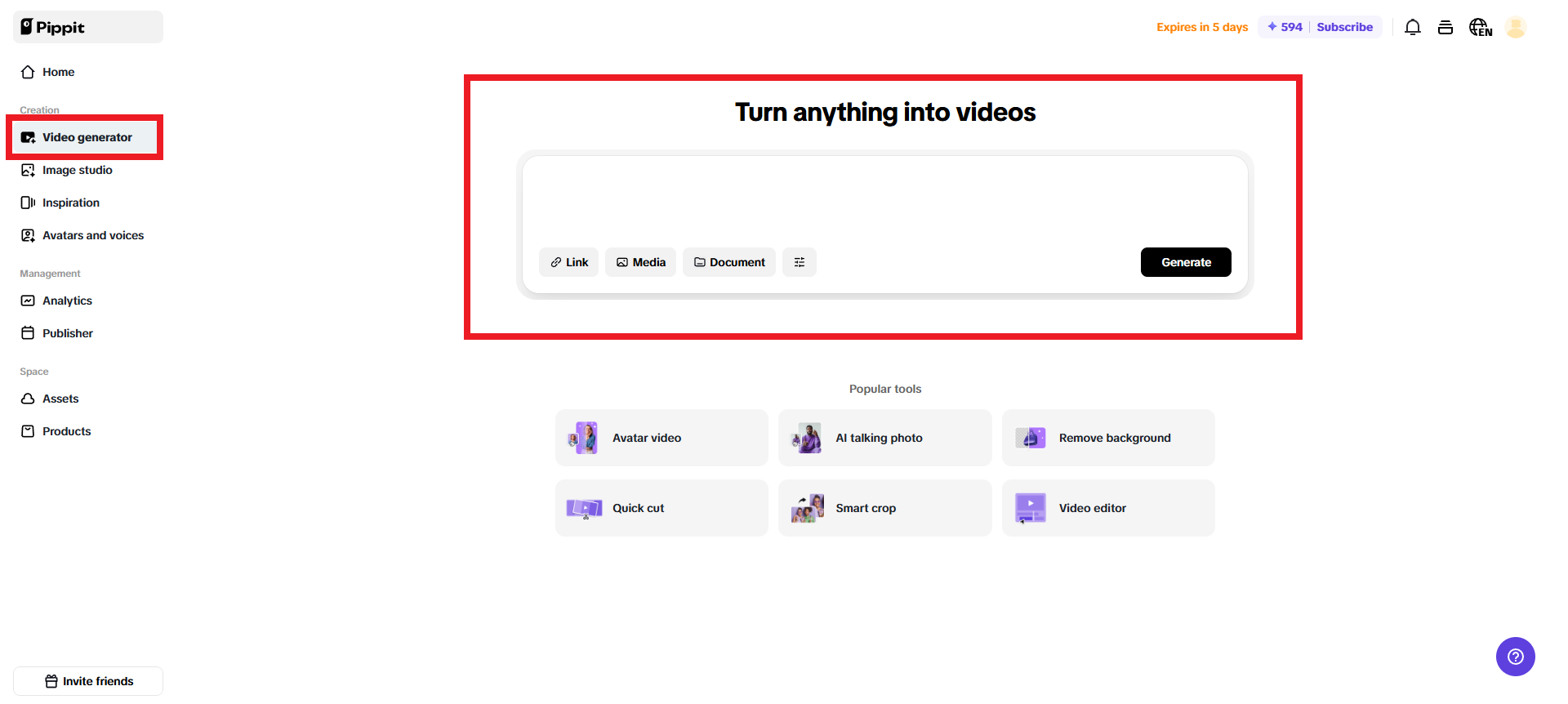 Navigate to the "Video generator"