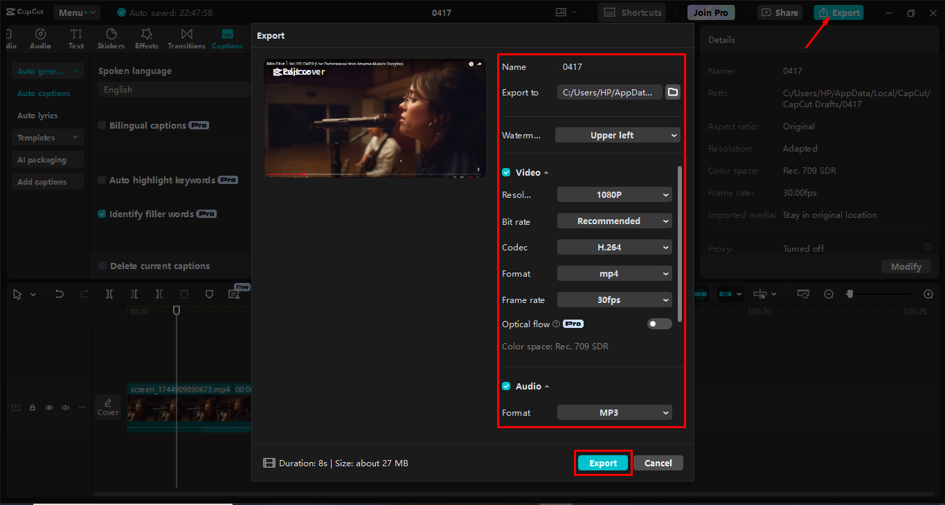 Exporting the recording from the CapCut desktop video editor