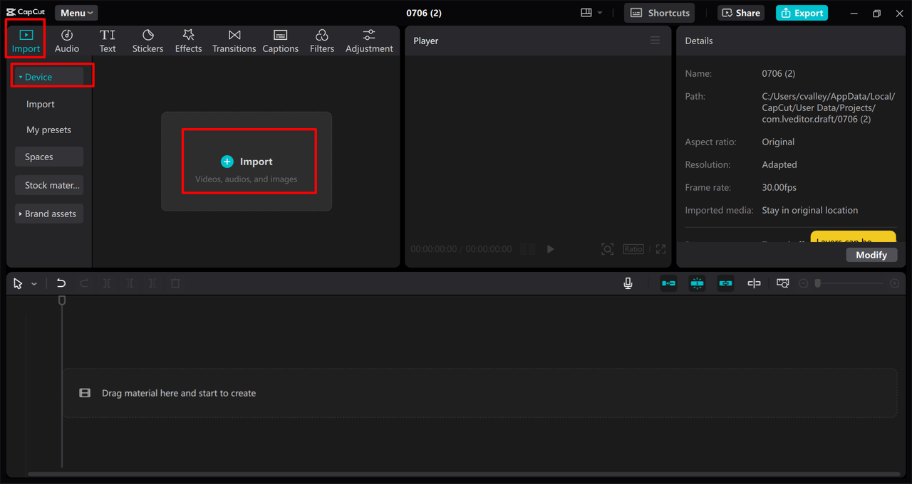 CapCut desktop editor outlines the Import tab, Device menu, and central media upload area in red