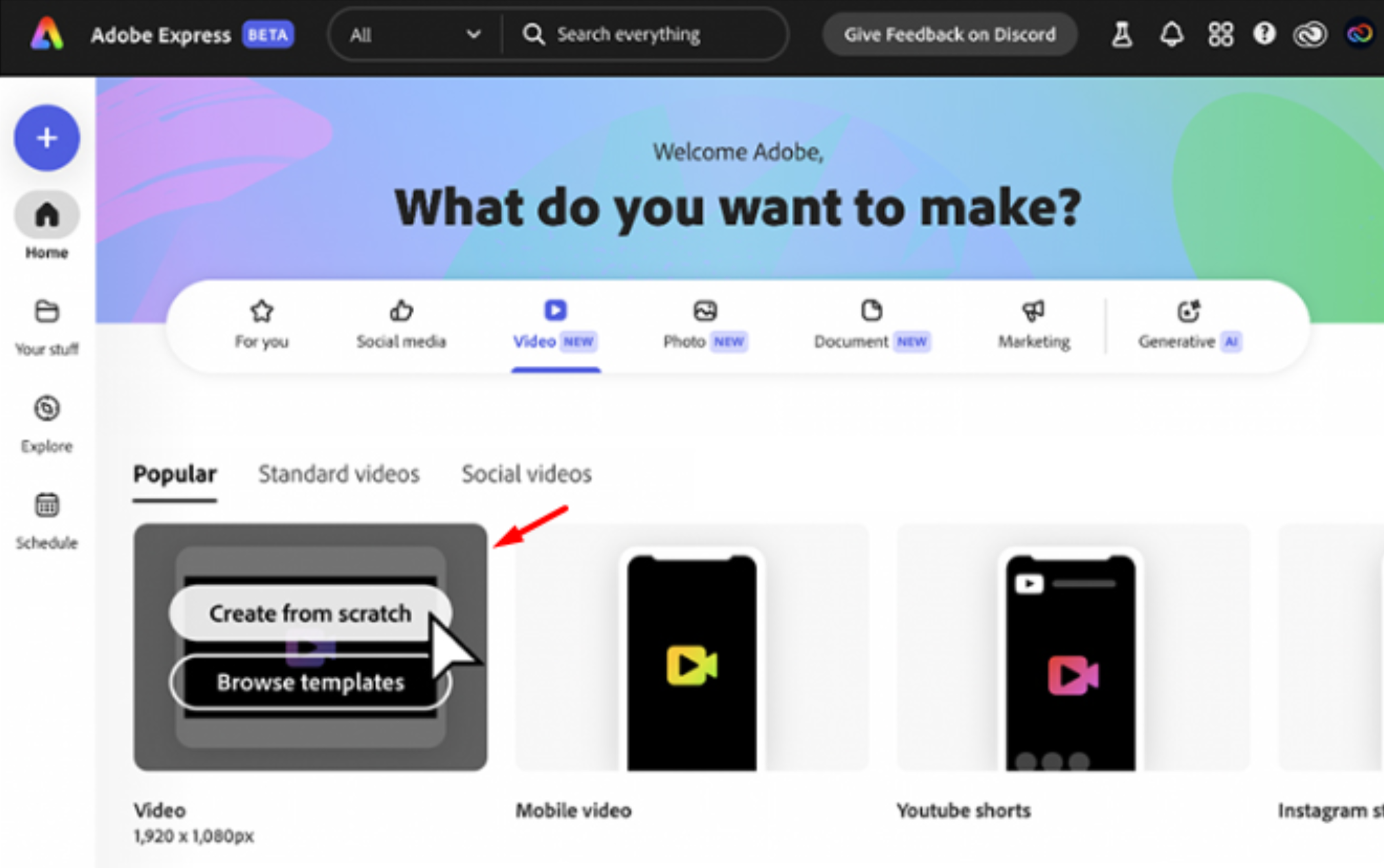Memulai proyek baru di editor video Adobe Express